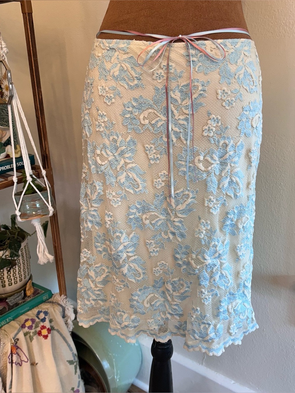 Vintage Y2K Coquette Cream + Light Blue Lace Midi Skirt w Ribbon Detail by Milly
